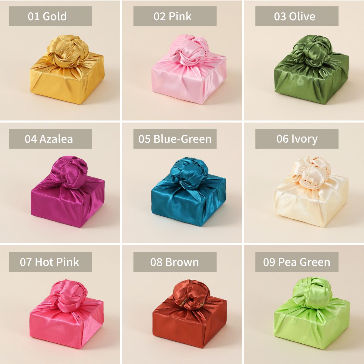 nine color of Bojagi. the first row:gold,pink,olive. the second row:azalea,blue-green,ivory. the third row:hot pink,brown,pea green.