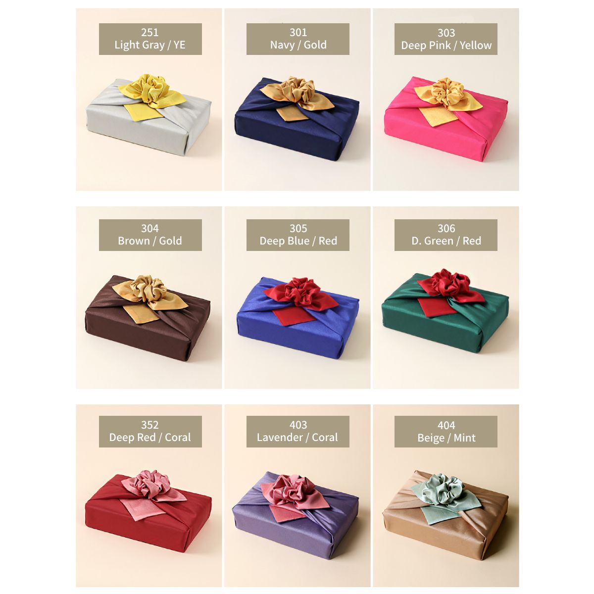nine double-sided color of Bojagi. the first row:light grey&yellow,navy&gold,deep pink&yellow. the second row:brown&gold,deep blue&red,dark green&red. the third row:deep red&coral,lavender&coral,beige&mint.