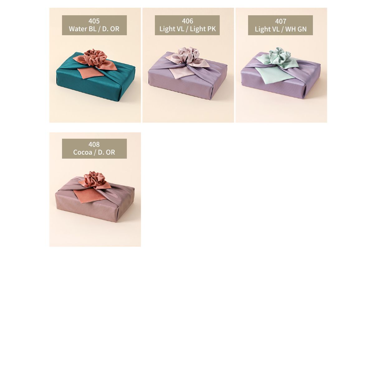 four double-sided color of Bojagi. the first row:water blue&dark orange,light violet&light pink,light violet&white green. the second row:cocoa&dark orange.