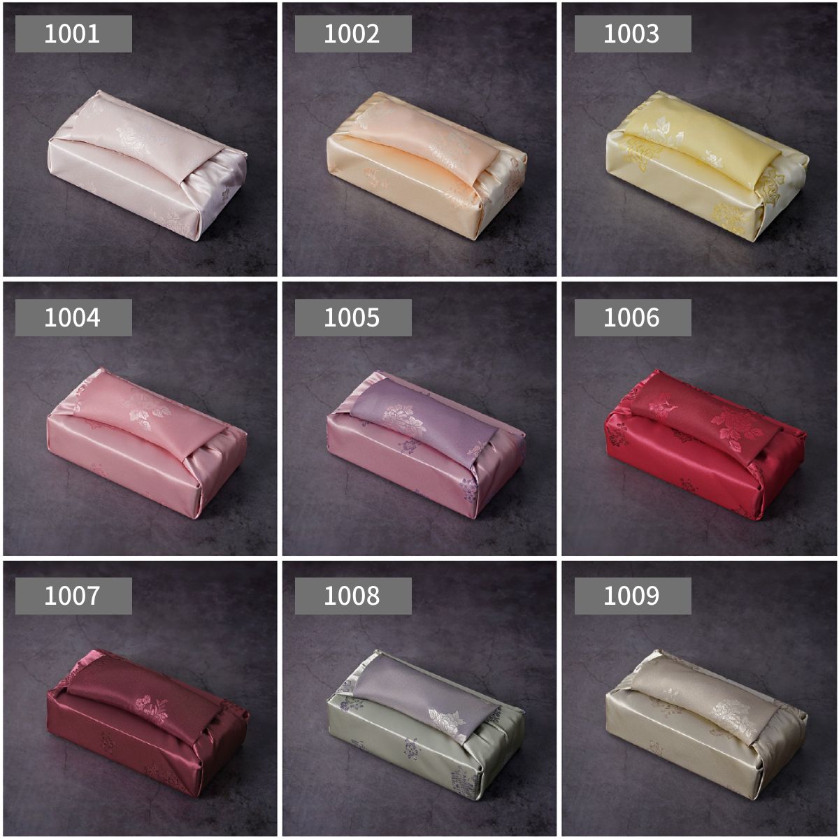 nine color of Bojagi. the first row: Light pink,Ivory,yellow. the second row:pink,Pink&Violet,Red. the third row: Dark Red,Khaki,Beige.