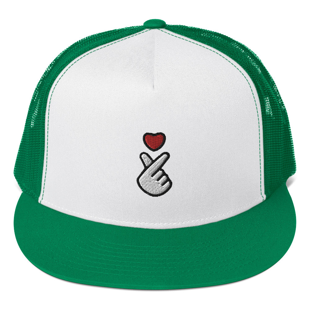 Kpop Finger Heart Emoji Embroidery 5 Panel Trucker Cap