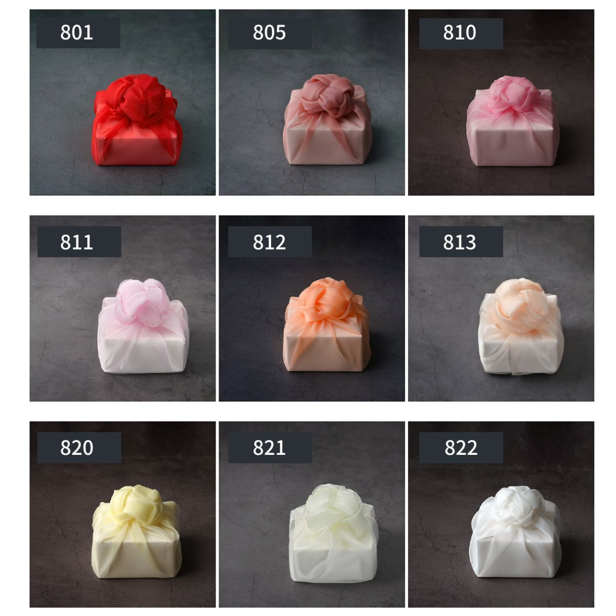 nine color of Bojagi. the first row:red,dark pink,pink. the second row:light pink,orange,light orange. the third row:yellow,light yellow,white.