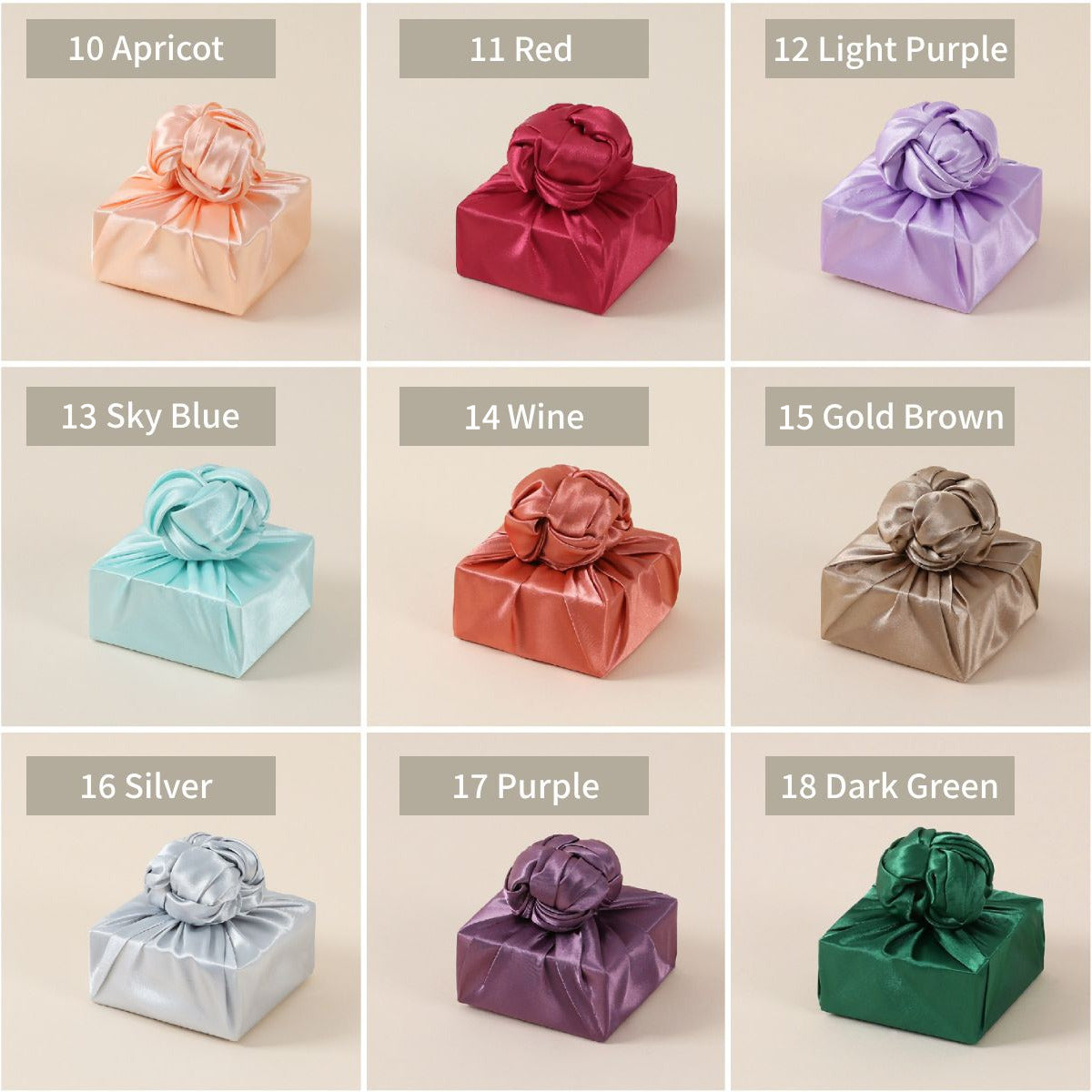 nine color of Bojagi. the first row:apricot,red,light purple. the second row:sky blue,wine,gold brown. the third row:silver,purple,dark green.