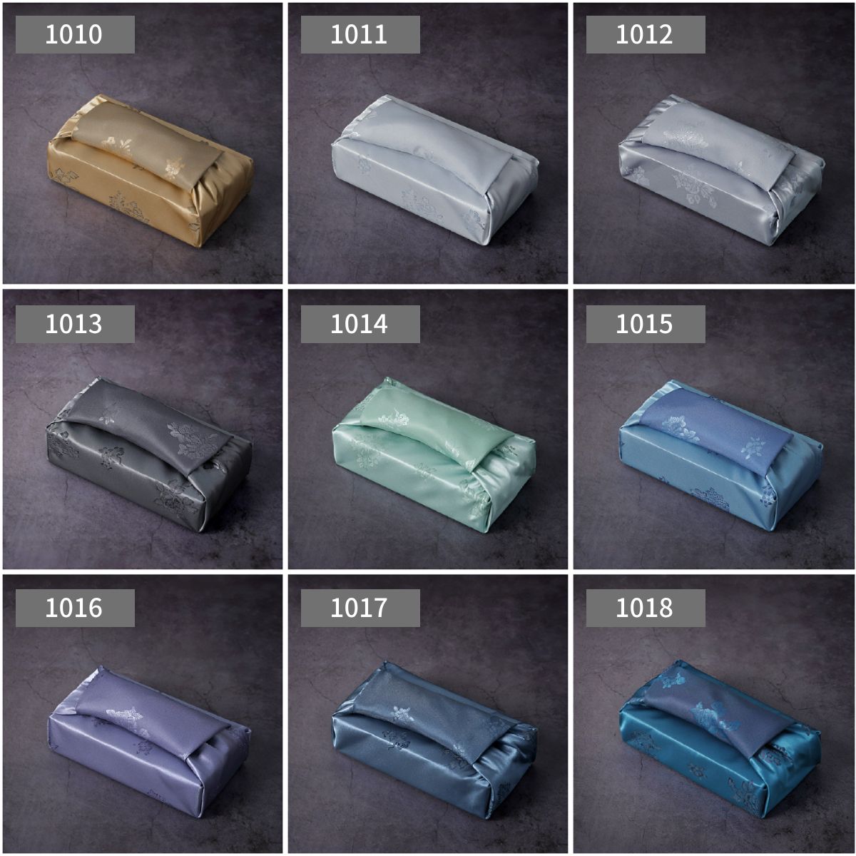 nine color of Bojagi. the first row: Gold,Light Blue,LIght Gray. the second row: Dark Gray,Mint,Blue. the third row: Lavender,Steel Blue,Royal Blue.